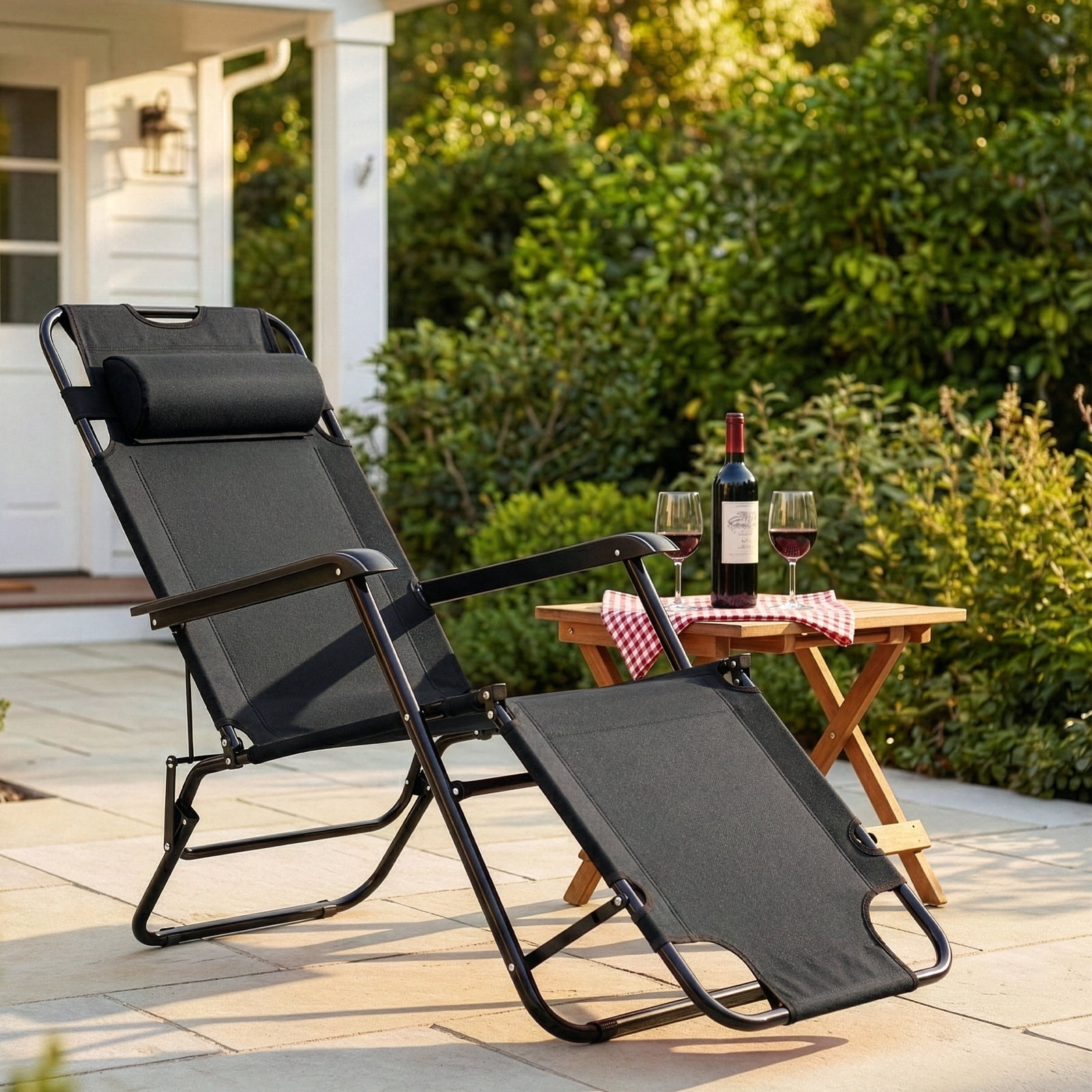UBesGoo 2-Position Adjustable Backrest Chaise Chair, Lightweight Tanning Chair with Pillow, Sun Recliner for Indoor Outdoor - Black