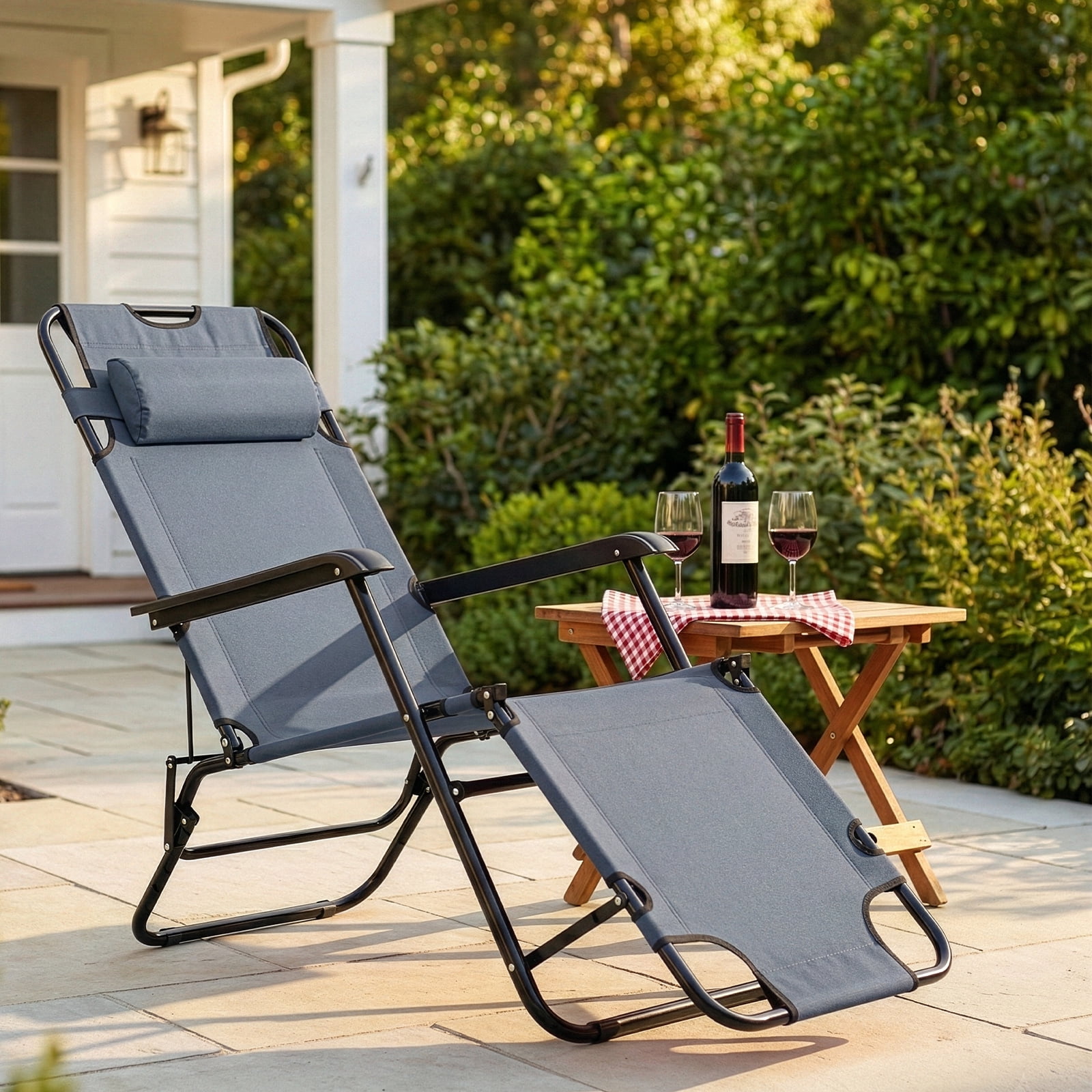 UBesGoo 2-Position Adjustable Backrest Chaise Chair, Lightweight Tanning Chair with Pillow, Sun Recliner for Indoor Outdoor - Black