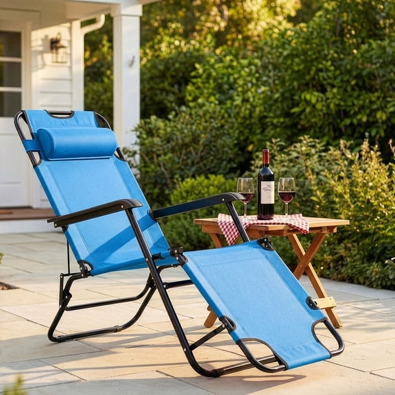 UBesGoo 2-Position Adjustable Backrest Chaise Chair, Lightweight Tanning Chair with Pillow, Sun Recliner for Indoor Outdoor - Blue
