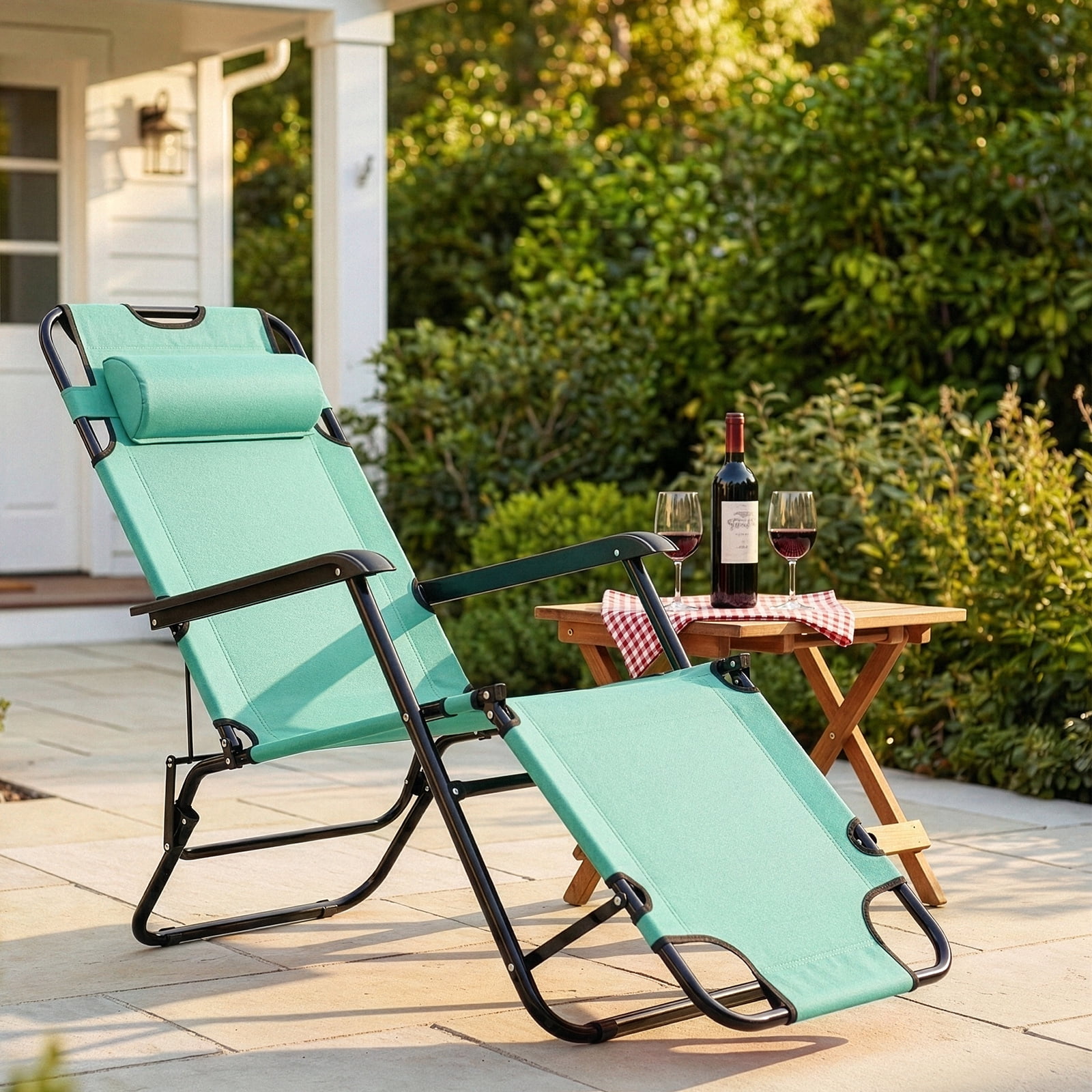 UBesGoo 2-Position Adjustable Backrest Chaise Chair, Lightweight Tanning Chair with Pillow, Sun Recliner for Indoor Outdoor - Light Green
