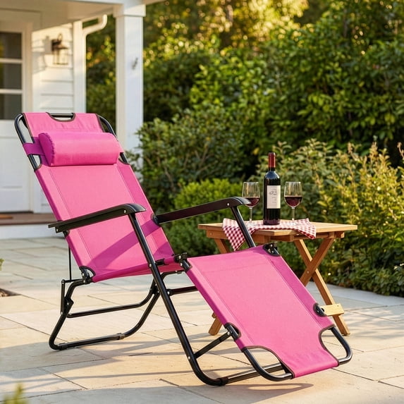 UBesGoo 2-Position Adjustable Backrest Chaise Chair, Lightweight Tanning Chair with Pillow, Sun Recliner for Indoor Outdoor - Pink