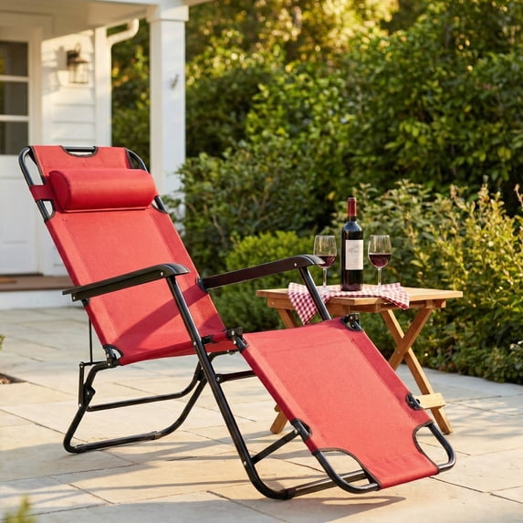 UBesGoo 2-Position Adjustable Backrest Chaise Chair, Lightweight Tanning Chair with Pillow, Sun Recliner for Indoor Outdoor - Red
