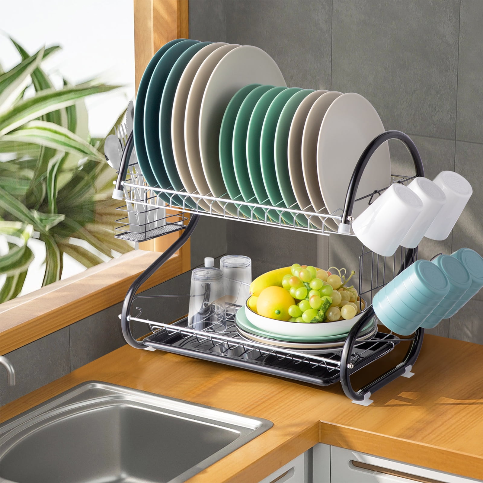 UBesGoo 2-Tier Kitchen Dish Cup Drying Rack Bowl Rack Kitchen Sink Dish  Drainer Set