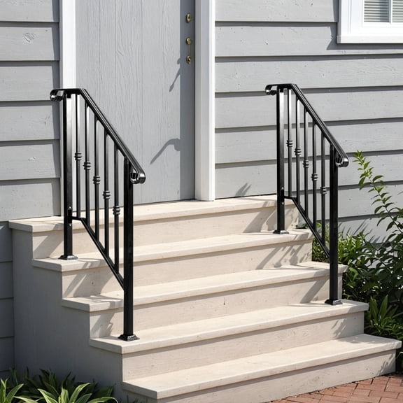 UBesGoo 2 or 3 Steps Handrail for Outdoors& Indoors, Matte Black, Galvanized Iron Handrail, 600lbs Weight Capacity