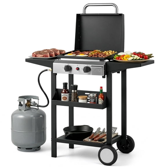 UBesGoo 20,000 BTU 2-Burner Propane Griddle - Ceramic Coated Cast Iron with Lid, Side Shelves & Wheels