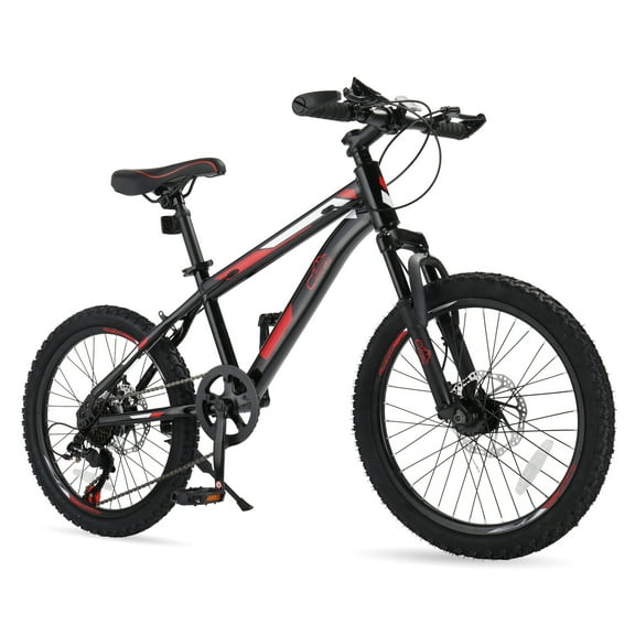 UBesGoo 20in 7 Speed Mountain Bike, Lightweight All Terrain Bicycle with Dual Disc Brakes, Suspension, Black Red