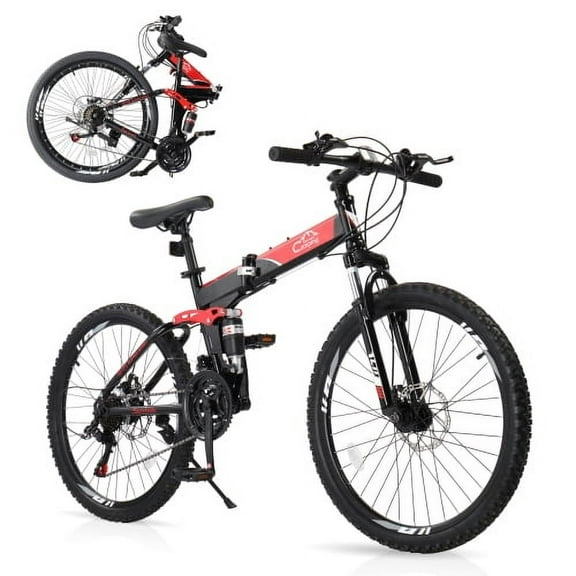 UBesGoo 24in Folding Mountain Bike Shimano 21-Speed, with Disc Brakes for Aldult, Men, Red&Black