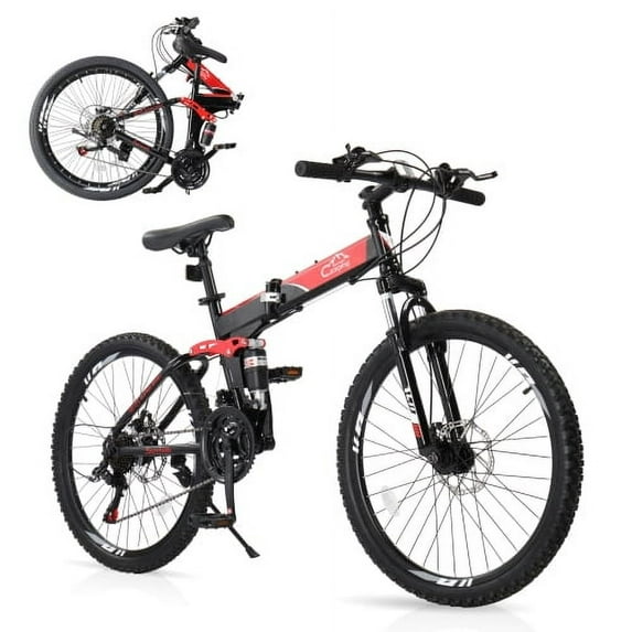 UBesGoo 24in Folding Mountain Bike Shimano 21-Speed, with Disc Brakes for Aldult, Men, Red&Black