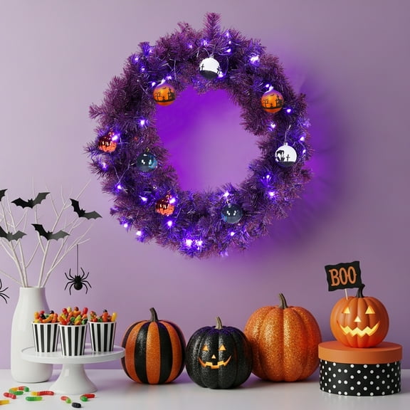 UBesGoo 24in Halloween Christmas Wreath, Pre-Lit Artificial Wreath with Purple Orange Lights & DIY Ornaments for Door Decor