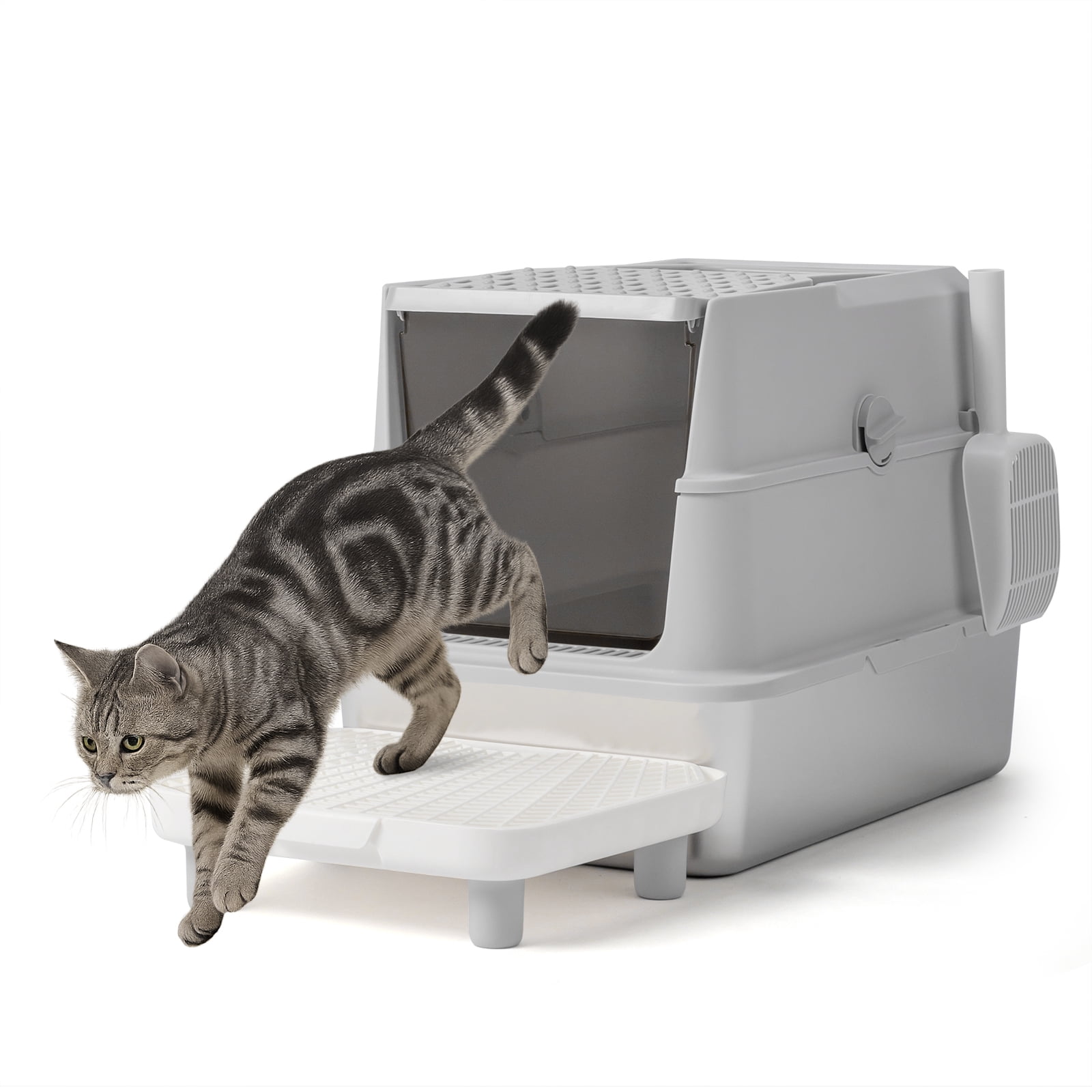 UBesGoo 24x16x18in Stainless Steel Covered Cat Litter Box w/Scoop & Filter Pedal, Enclosed Large Grey
