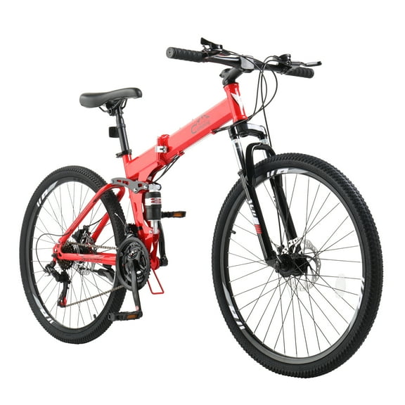 UBesGoo 26in Folding Mountain Bike for Men Women Shimano 21-Speed, with Disc Brakes, Red