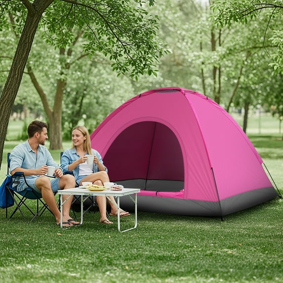 UBesGoo 3-4 Person Outdoor Camping Waterproof Tent Fast Family Dome, Shocking Pink