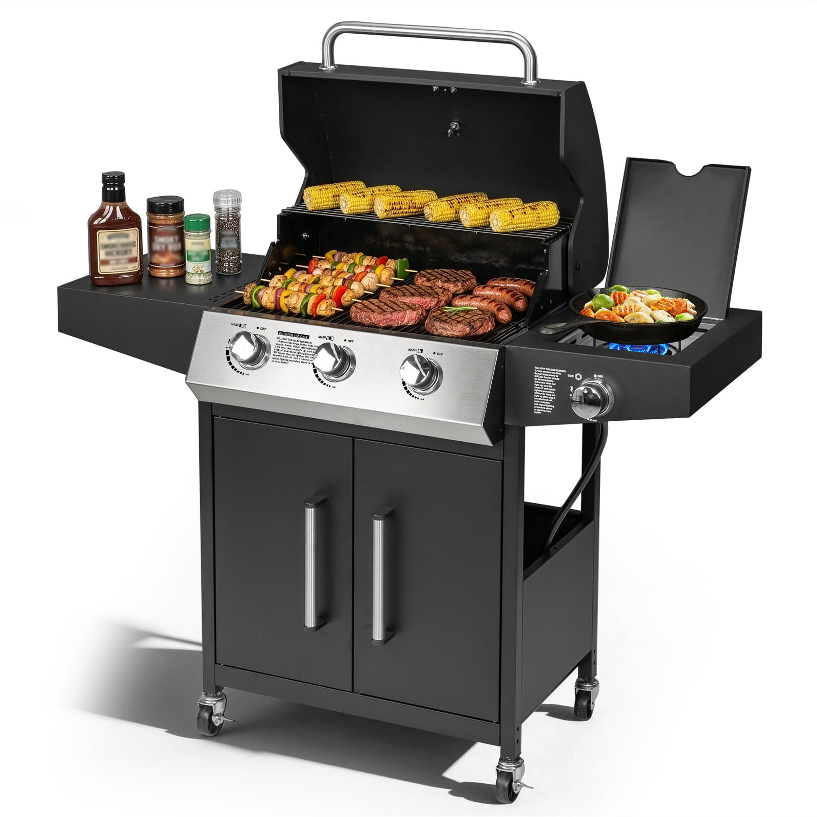 UBesGoo 3 Burner Propane Gas Grill with Side Burner 46000BTU for Camping Cooking BBQ