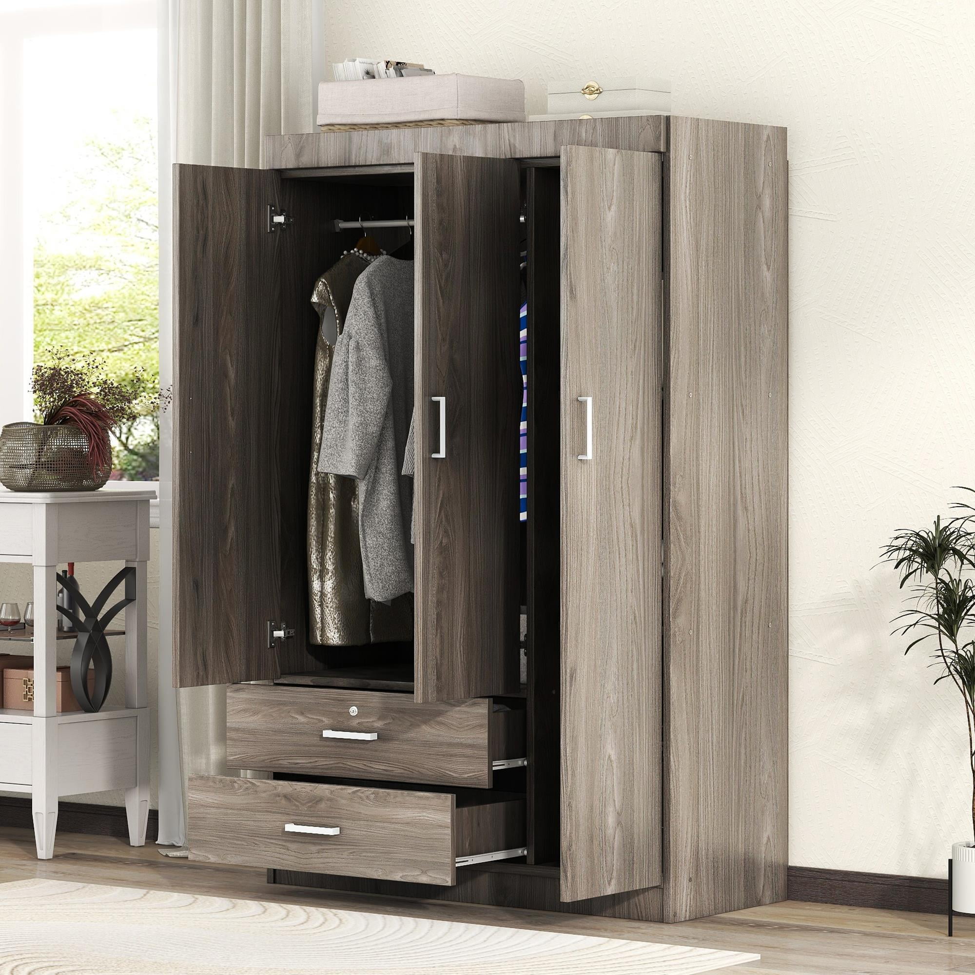 UBesGoo 3Door Wardrobe, Wide Armoire with 2Drawers, Clothing Rod and