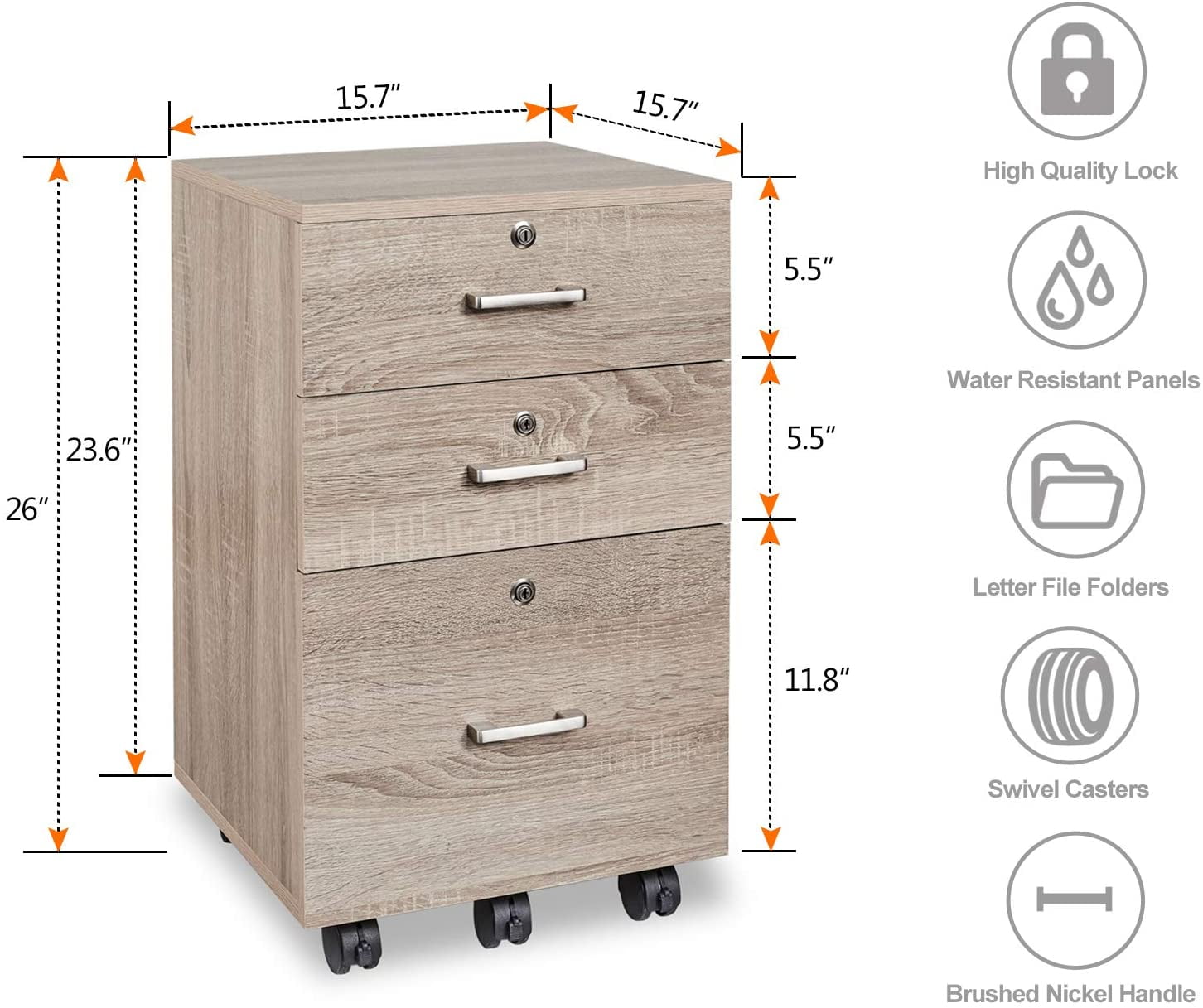 UBesGoo 3 Drawer Rolling Wood File Cabinet with Lock Oak Walmart