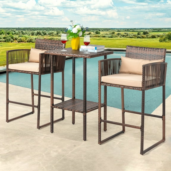 UBesGoo 3 Pcs Wicker Bistro Set, Rattan Bar Set with Table and Cushioned Wicker Set Outdoor, Brown