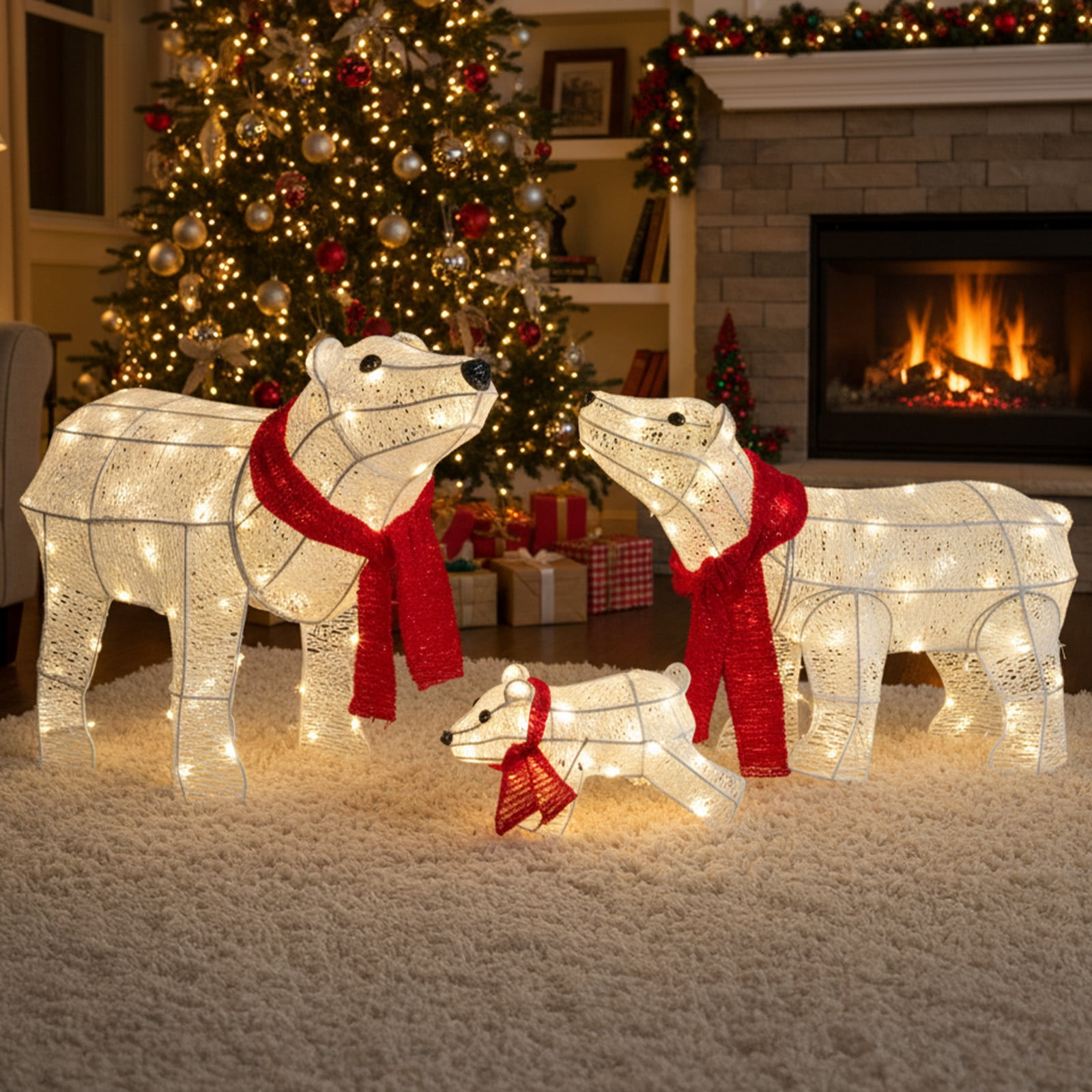 UBesGoo 3-Piece Christmas Decor Lighted Polar Bear Family, Pre-Lit