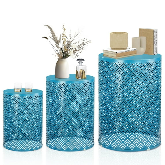 UBesGoo 3-Piece Interlocking Patio Table Set - 12/14/16 Inch Round Steel Frame, Indoor Outdoor Garden Furniture, Blue