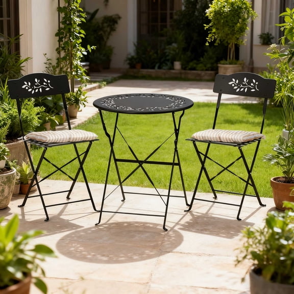 UBesGoo 3 Pieces Small Folding Bistro Set , Patio Foldable Conversation Set w/Cushion for Small Space, Easy Storage (Black)