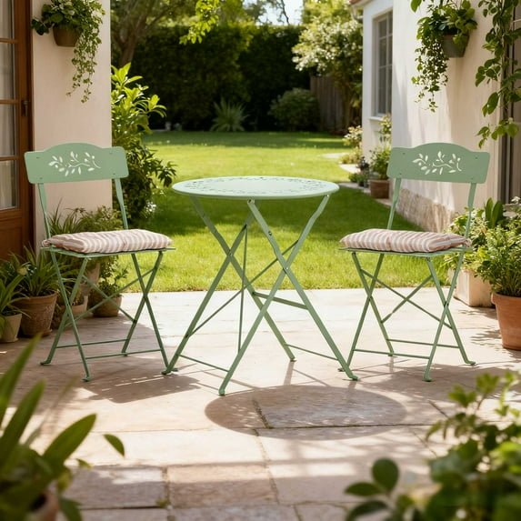 UBesGoo 3 Pieces Small Folding Bistro Set , Patio Foldable Conversation Set w/Cushion for Small Space, Easy Storage (Green)