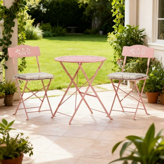 UBesGoo 3 Pieces Small Folding Bistro Set , Patio Foldable Conversation Set w/Cushion for Small Space, Easy Storage (Pink)