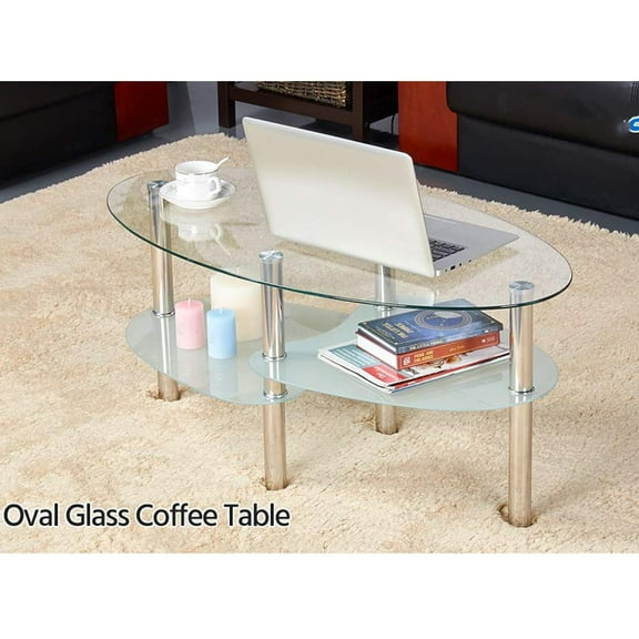 UBesGoo 3 Tier Tempered Glass Shelf Oval Side Coffee Table Dual Fishtail Style Transparent