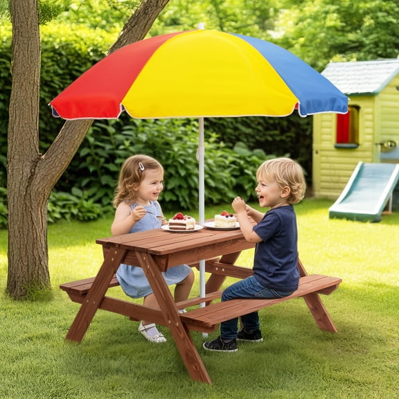 UBesGoo 3-in-1 Child Outdoor Convertible Activity Sand & Water Picnic Table w/ Umbrella, Kids Picnic Water Sand Table w/ Play Boxes, Brown