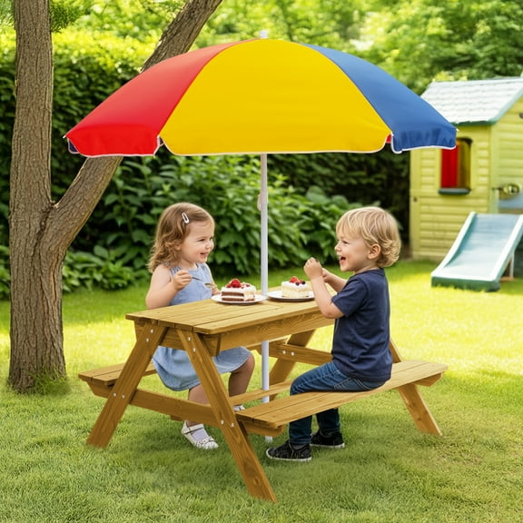 UBesGoo 3-in-1 Child Outdoor Convertible Activity Sand & Water Picnic Table w/ Umbrella, Kids Picnic Water Sand Table w/ Play Boxes, Natural