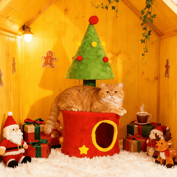 UBesGoo 30in Christmas Cat Tree & House, 2-in-1 Red & Green Tower with Sisal Post and Play Balls for Kittens