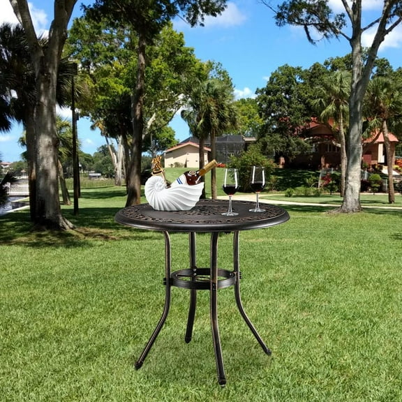 UBesGoo 32" Outdoor Aluminum Bistro Round Table with Umbrella Hole, Outdoor Indoor Coffee Table,Bronze