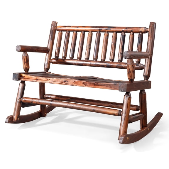 UBesGoo 33.5in Outdoor Wood Double Rocker with Slatted Seat for Patio Garden, Carbonized