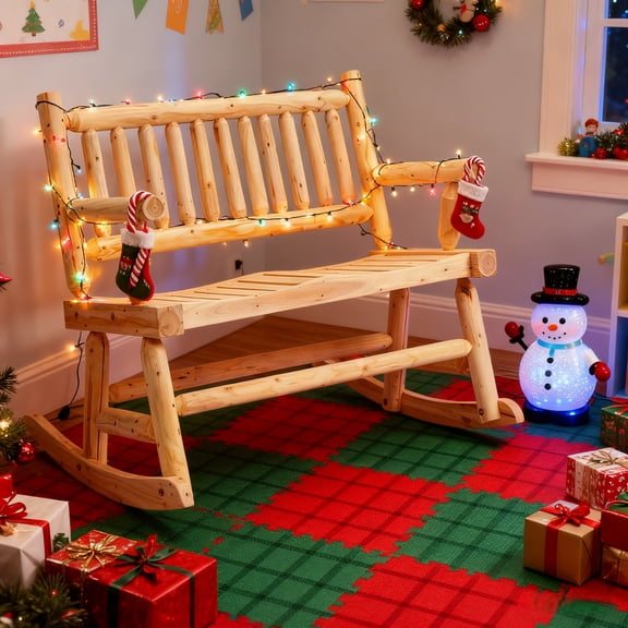 UBesGoo 33.5in Wide Fir Wood 2-Person Outdoor Rocking Chair Log Built Slatted Seat Natural