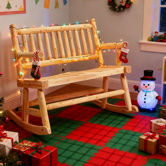 UBesGoo 33.5in Wide Fir Wood 2-Person Outdoor Rocking Chair Log Built Slatted Seat Natural