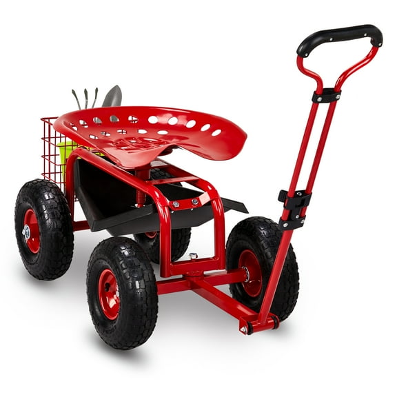 UBesGoo 35-Inch Rolling Garden Cart, 360° Swivel Seat with Tool Tray & Storage Basket, Red