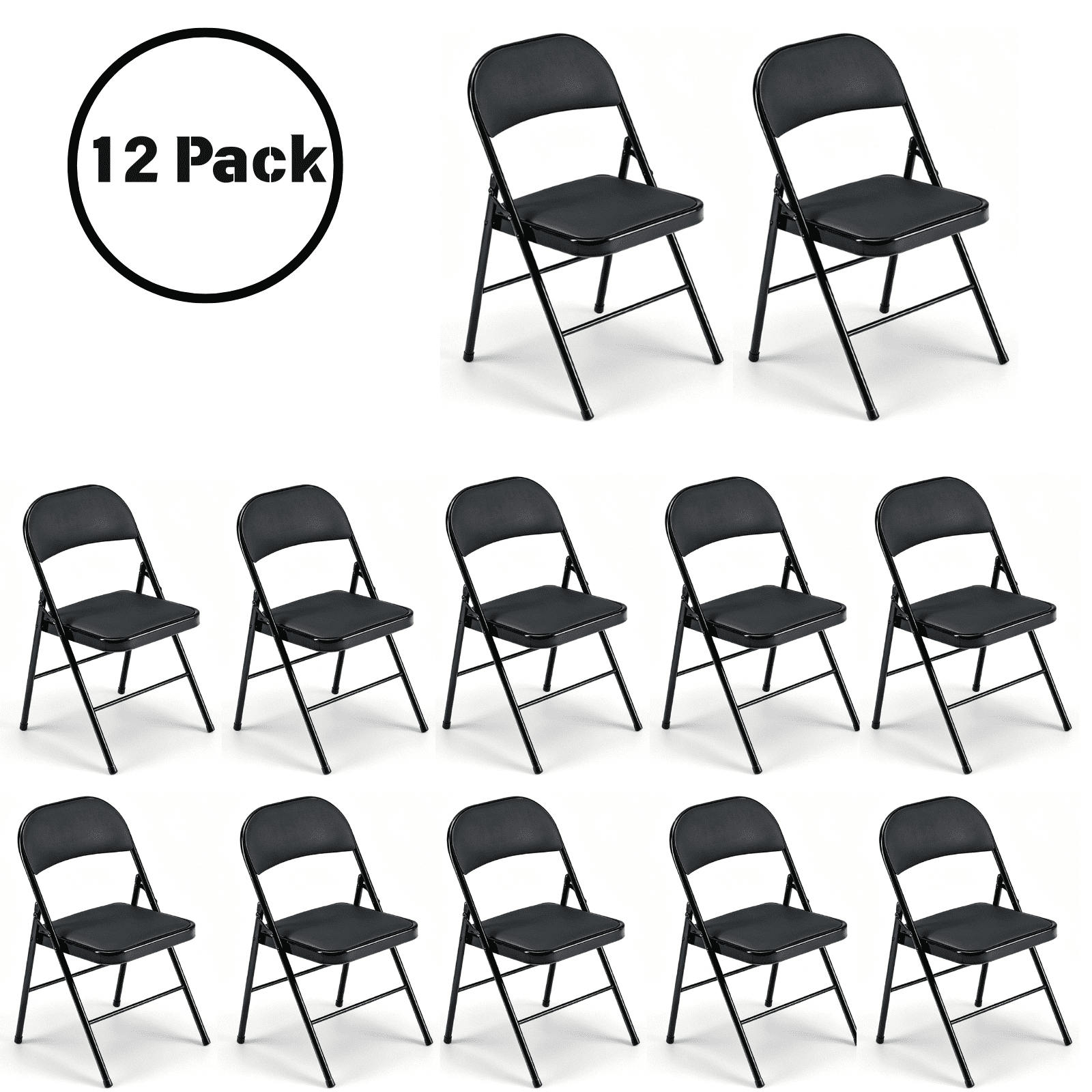 UBesGoo 12 Pack Folding Chairs, Vinyl Cushion Padded Lightweight Foldable Chairs Set of 6, Waterproof Collapsible Chairs for Outdoor Party, Home, Office, Black
