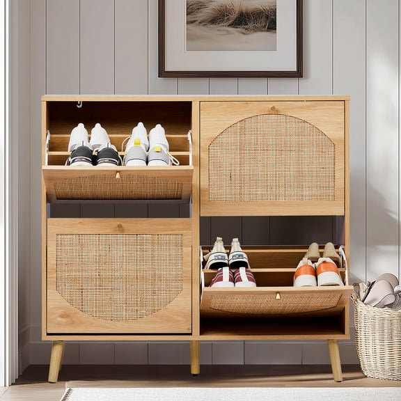 UBesGoo 4-Drawer 8-Tier Rattan Shoe Storage Cabinet, Shoe Rack Organizer for Entryway Living Room Bedroom Hallway Apartment, Natural