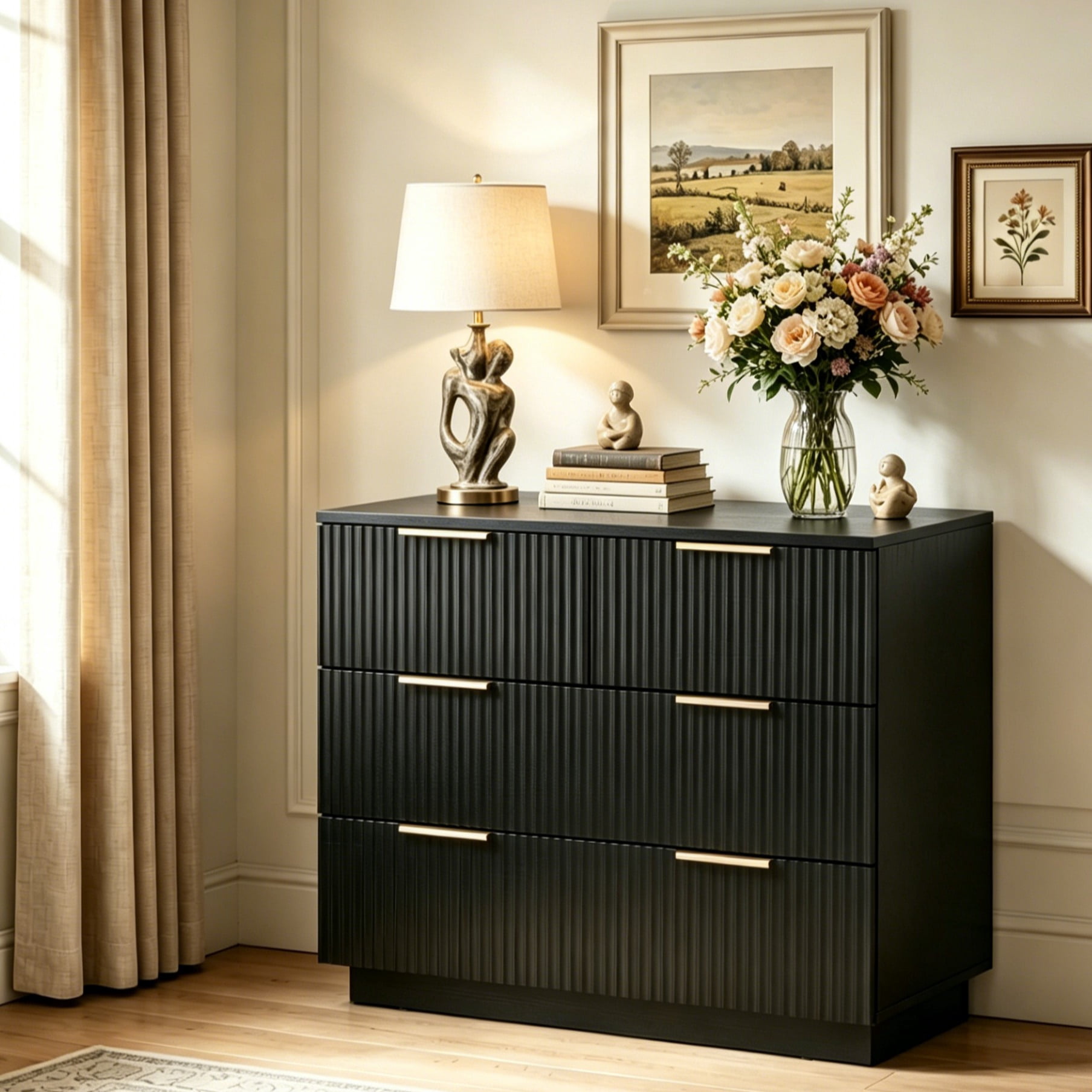 UBesGoo 4 Drawers Wood Dresser for Bedroom with Waveform Panel, Modern Chest for Living Room, Black