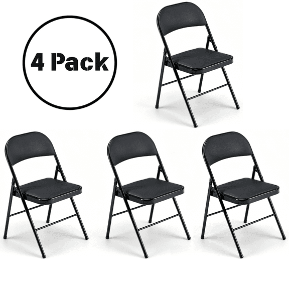 UBesGoo 4 Pack Folding Chairs, Vinyl Cushion Padded Lightweight Foldable Chairs Set of 6, Waterproof Collapsible Chairs for Outdoor Party, Home, Office, Black