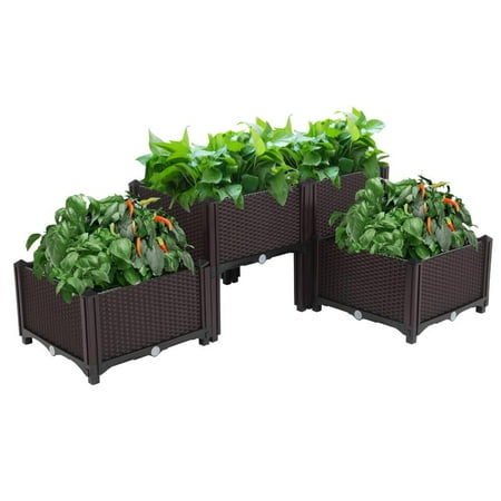 UBesGoo 4-Pack Modular Planter Boxes, Interlocking Square Garden Planters, Rattan Style, Brown
