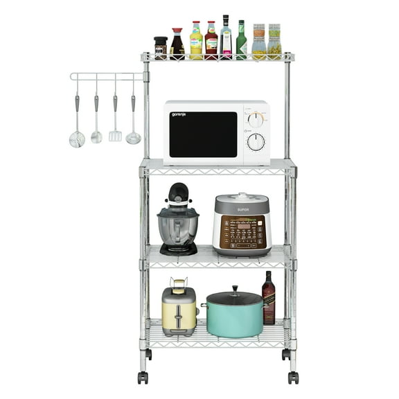 UBesGoo 4 Tiers Adjustable Metal Kitchen Baker's Rack Microwave Oven Stand Kitchen Utility Storage Rack Cart Silver Finish