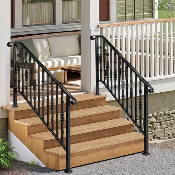 UBesGoo 4 or 5 Steps Handrail for Outdoors& Indoors, Matte Black, Galvanized Iron Handrail, 600lbs Weight Capacity