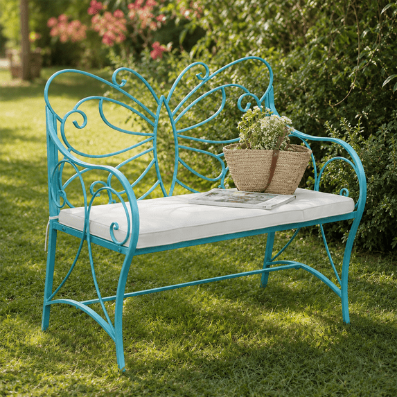 UBesGoo 40" Blue Butterfly Metal Patio Bench with Cushion, Turquoise Wrought Iron Garden Bench with Off-White Seat Cushion, Outdoor Porch Loveseat