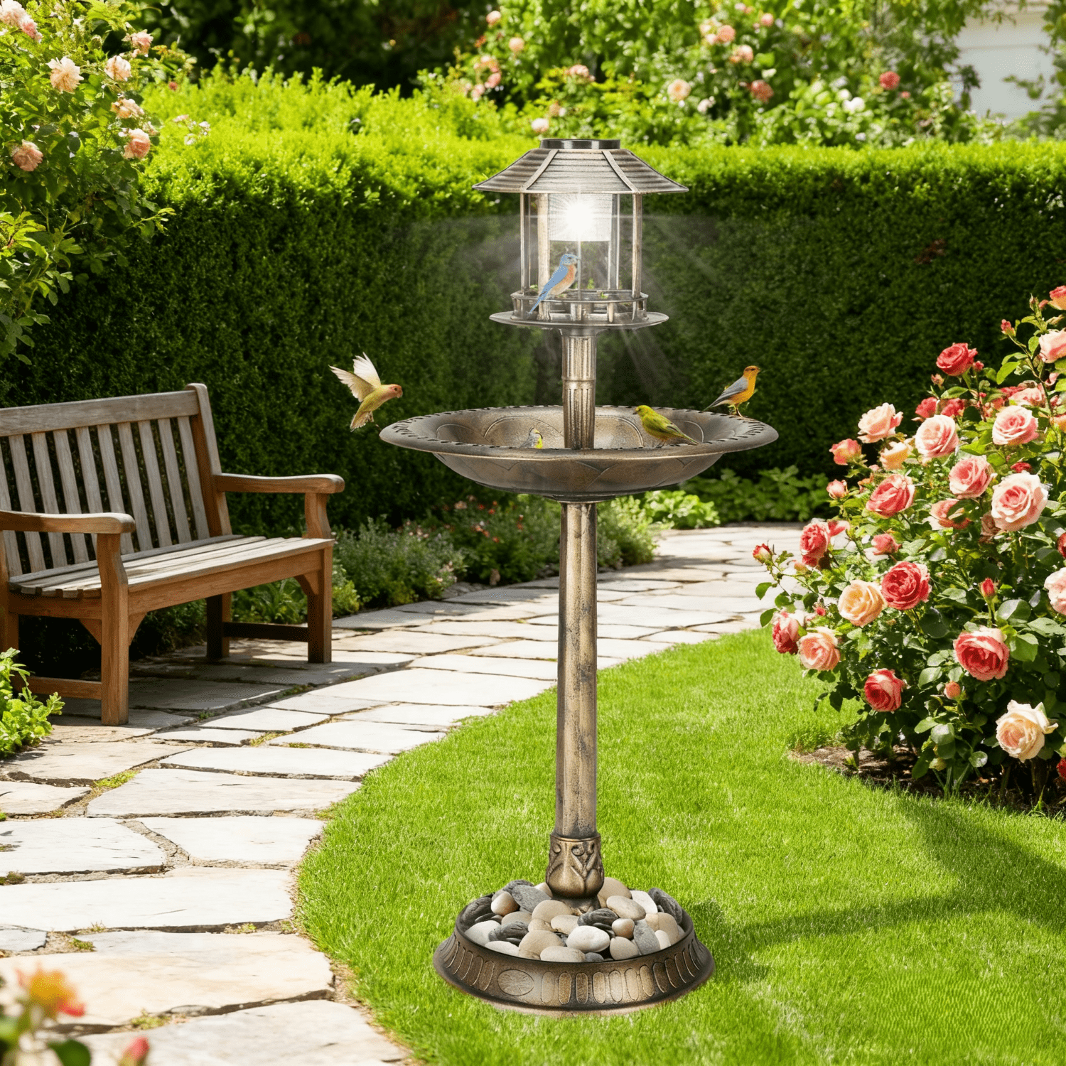 UBesGoo 42 Inch Bird Bath with Solar Light Bronze