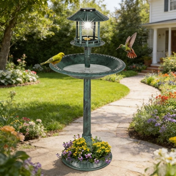 UBesGoo 42 Inch Bird Bath with Solar Light Dark Green
