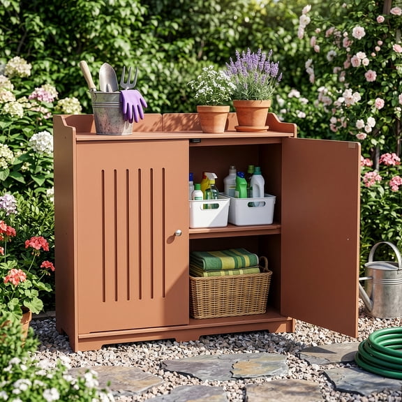 UBesGoo 44.115.444.5 Inch Brown PVC Outdoor Storage Cabinet with Inner Storage Shelf, Weatherproof Patio Tool Organizer Cabinet for Backyard Garden Balcony
