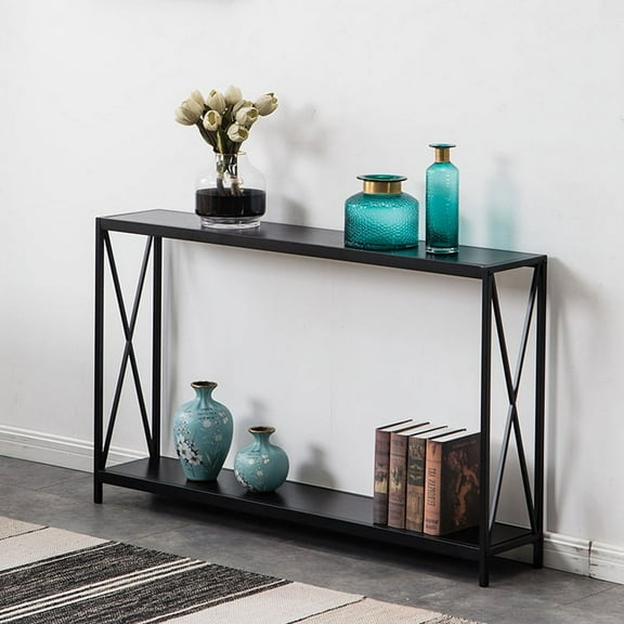 UBesGoo 47" Console Table Sofa Side Table, Black Hallway Table with Storage Shelves, Narrow Entryway Table for Living Room Bedroom Foyer
