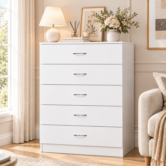 UBesGoo 5-Drawer Dresser Pure White with Metal Handles Bedside Night Stand Bedroom, White