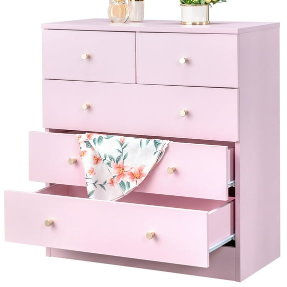 UBesGoo 5 Drawer Wood Dresser for Bedroom, Chest of Drawers, Storage Organization Unit for Clothing, Pink