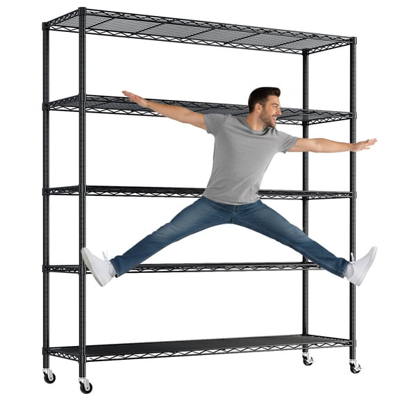 UBesGoo 5-Tier Black Steel Shelving Unit with Wheels, 46 in W x 72 in H x 18 in D