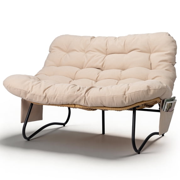 UBesGoo 52.4in Papasan Chair Curved Rattan Loveseat with Side Pockets, Beige